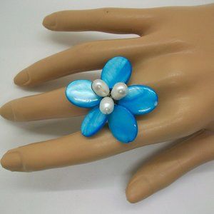Blue Shell and Pearl Adjustable Statement Flower Ring